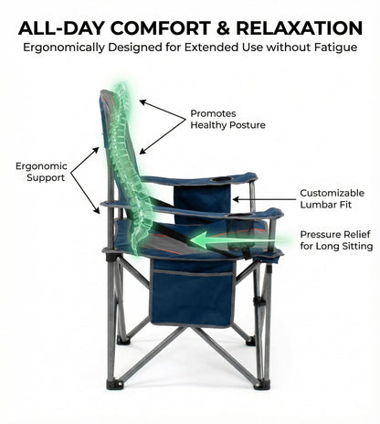 FAIR WIND Padded Camping Chair 500LBS Capacity Heavy Duty Oversized Folding Chair for Heavy People Portable Lawn Chair with Adjustable Lumbar Support, Cooler Bag & Cup Holder for Outdoor, Beach