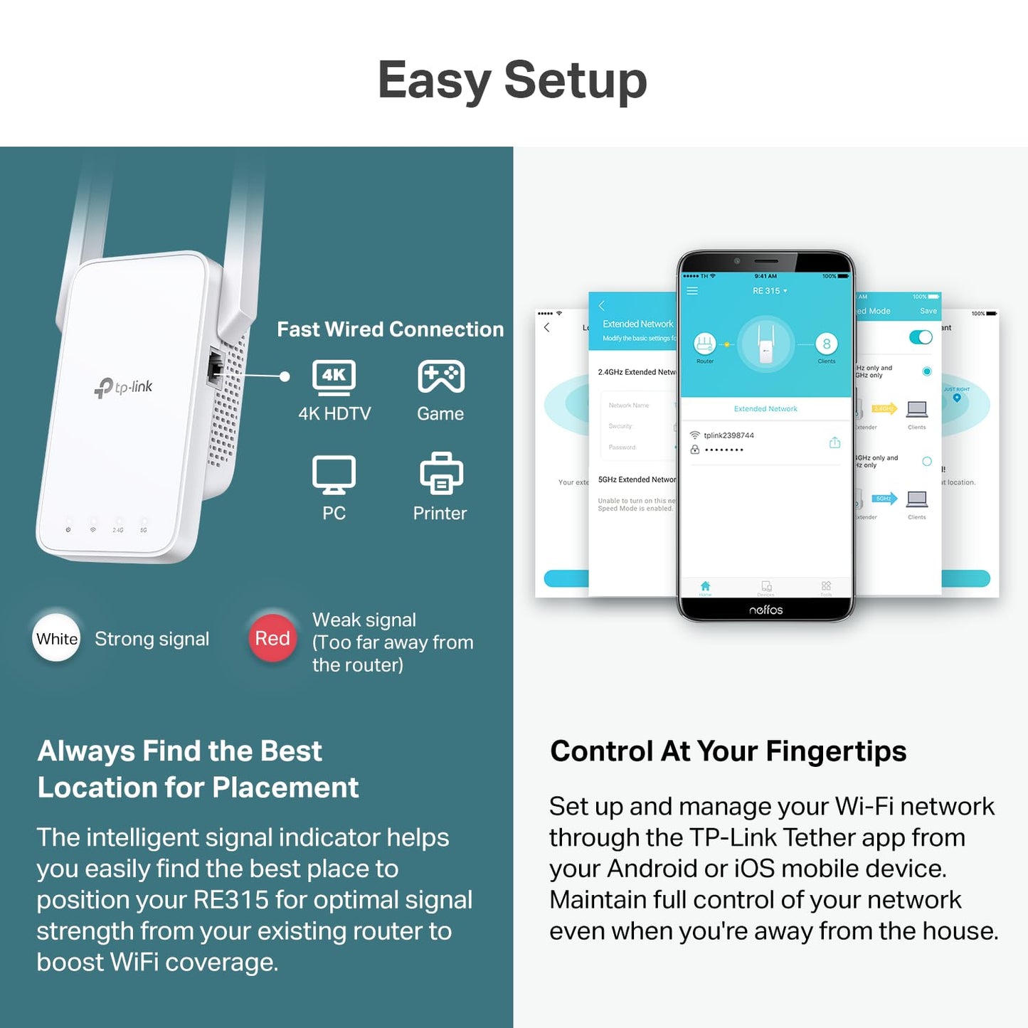 TP-Link AC1200 WiFi Repeater, 2023 Engadget Best Budget Pick, 1.2 Gbit/s Signalverstärker für Zuhause, Dualband 5 GHz/2.4 GHz, deckt bis zu 140 m² und 30 Geräte ab, unterstützt Onemesh, ein Ethernet-Port (RE315)