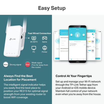 TP-Link AC1200 WiFi Extender - 1.2Gbps Home Signal Booster, Dual Band 5GHz/2.4GHz, Up to 1600 Sq.ft and 32 Devices, EasyMesh Compatible, One Ethernet Port (RE315)