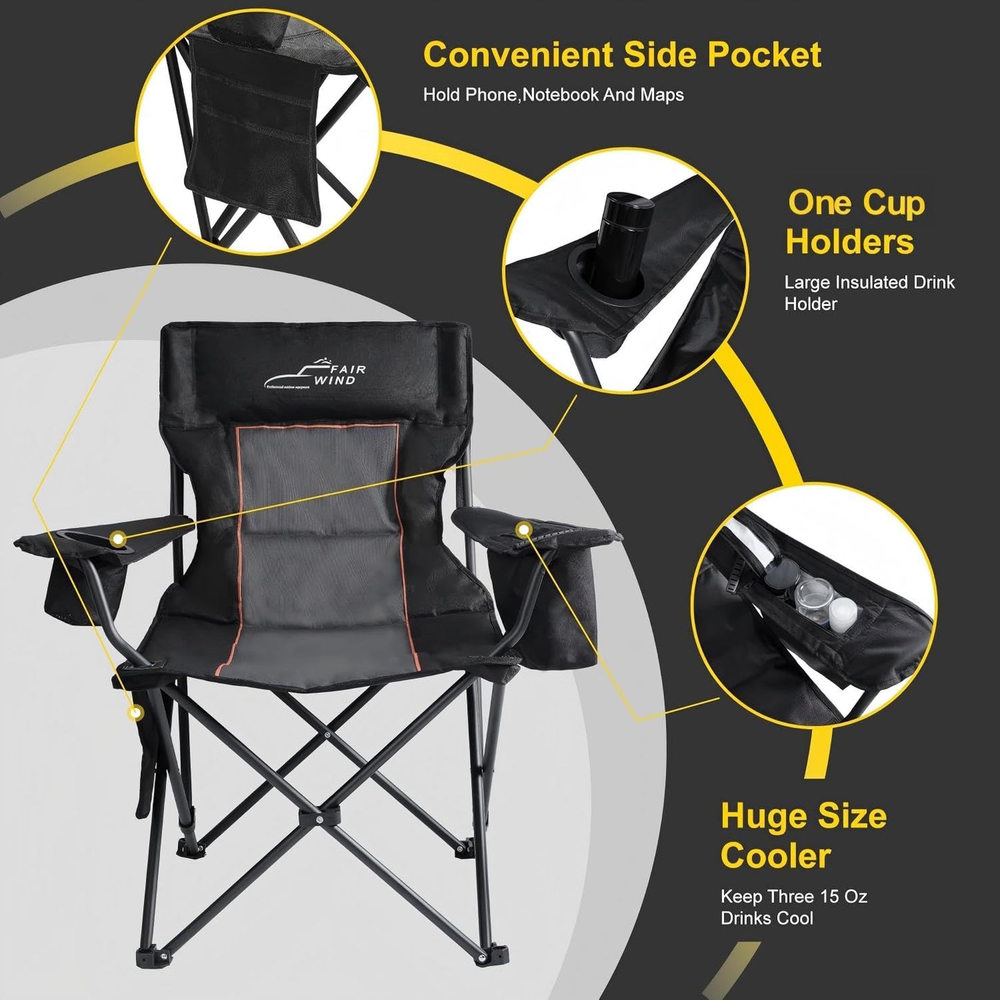 FAIR WIND Padded Camping Chair 500LBS Capacity Heavy Duty Oversized Folding Chair for Heavy People Portable Lawn Chair with Adjustable Lumbar Support, Cooler Bag & Cup Holder for Outdoor, Beach
