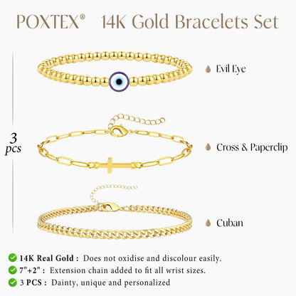 Goldarmbänder für Frauen Stapel Nicht Anlaufen, 14K Vergoldete Stapelbare Armbänder Set für Frauen Trendy, Wasserdicht Einfacher Schmuck Sets Geschenke Inklusive Perlen-/Kuban-/Büroklammer-/Fischgräten-/Seilglieder-Kette, Modeaccessoires