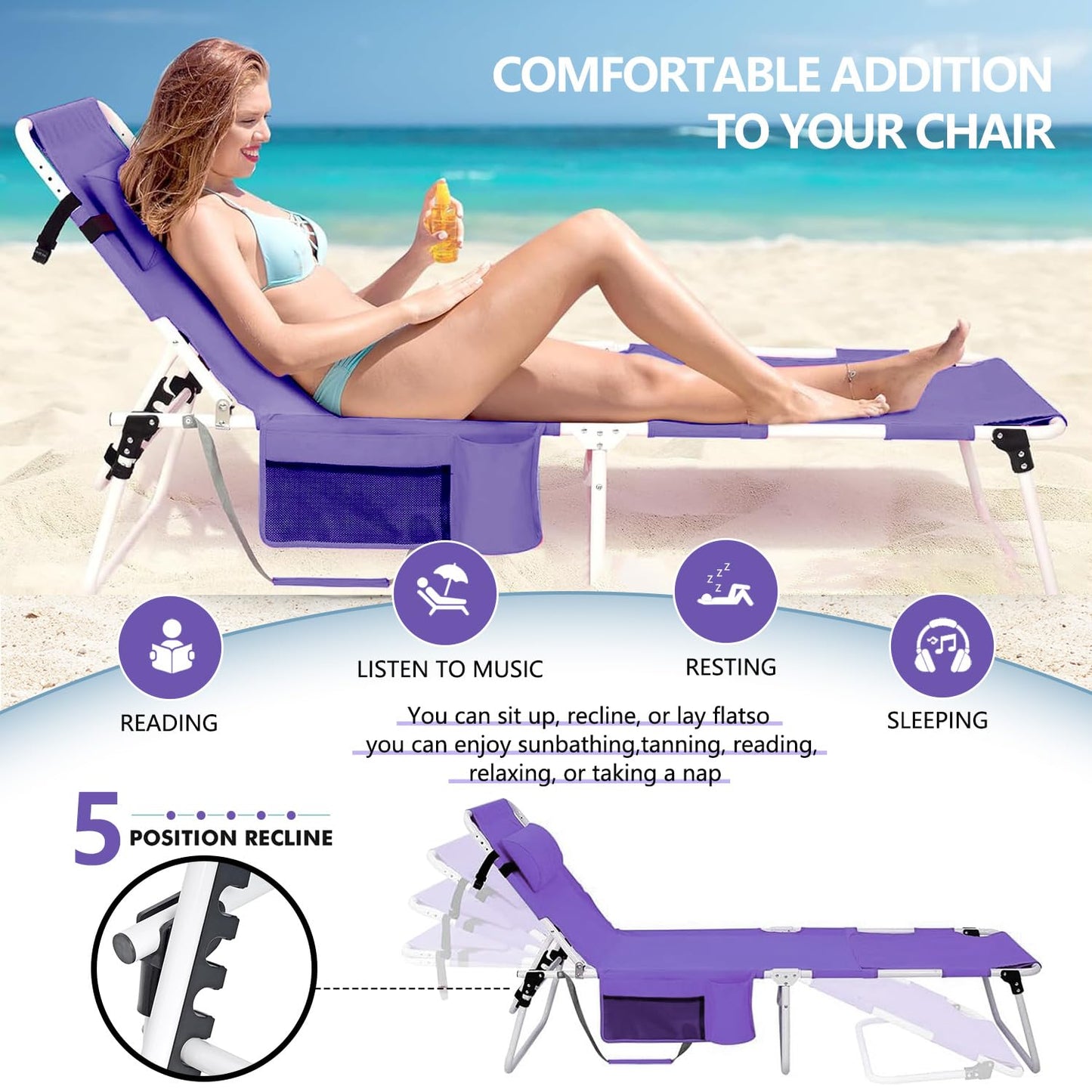 Tanning Chair with Face Hole, Adjustable Folding Chaise Lounge Chairs for Outside with Detachable Pillow & Pocket，Portable flat beach chairs for sunbathing, beach lawns camping (Purple, Standard)