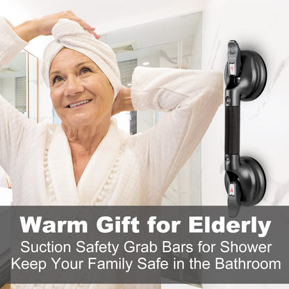 15-Inch Shower Handle - Upgraded Grab Bar with Strong Suction Cups for Bathtub & Shower Safety, Ideal for Seniors, Elderly, Disabled -Silver