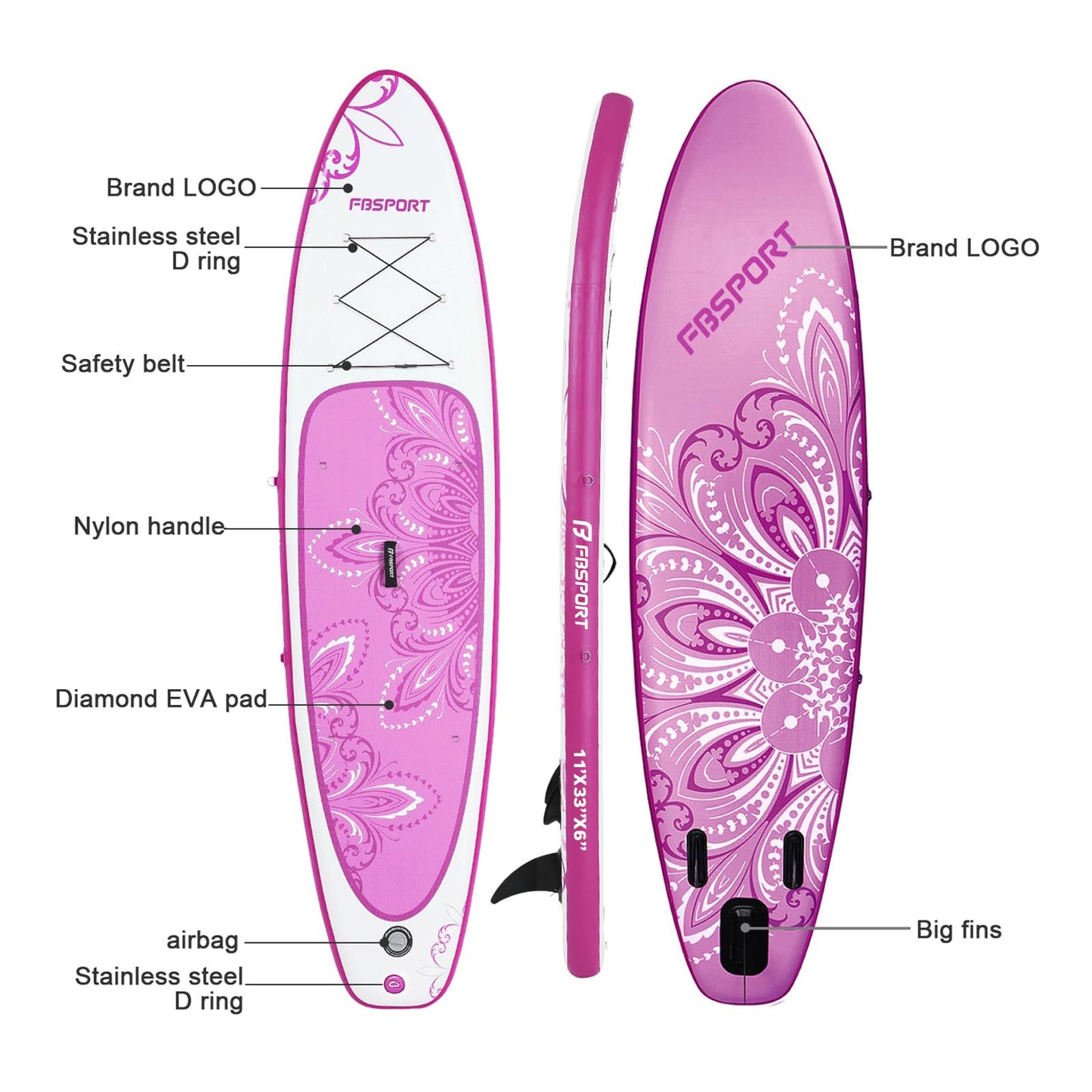 FBSPORT 11' Premium Stand Up Paddle Board, Yoga Board with SUP Accessories & Carry Bag | Wide Stance, Surf Control, Non-Slip Deck, Leash, Paddle and Pump for Youth & Adult