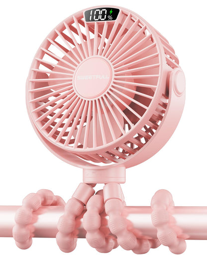SWEETFULL Portable Stroller Fan with LED Display, 4 Speed Rechargeable Mini Clip On Fan, 360° Rotate Flexible Tripod Better Cooling Small Baby Fan for Car Seat Crib Travel Bike Treadmill (Black)
