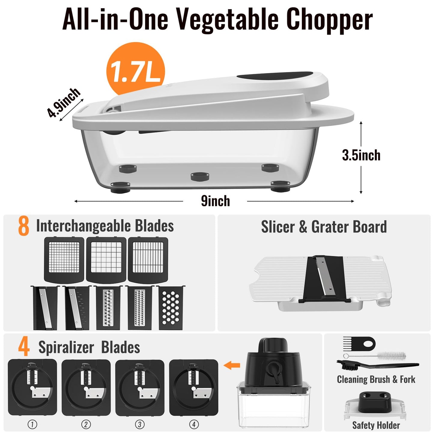 8 Blade All-in-1 Vegetable Chopper Mandoline Slicer with Container, Food Chopper, Onion Chopper, Veggie Cutter for Salad, Kitchen Gadgets Accessories Essentials, White