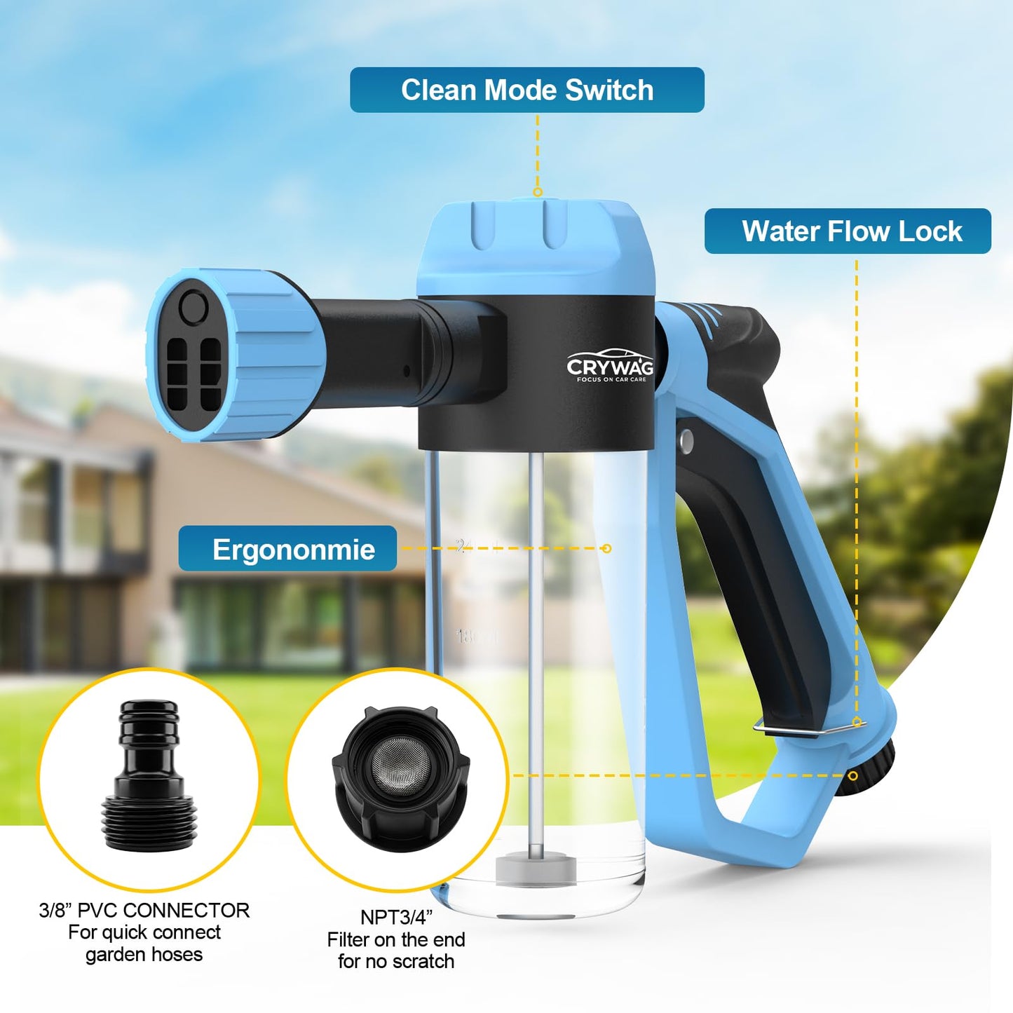 Car Wash Foam Gun for Garden Hose, Foam Cannon Car Wash Kit with Microfiber Wash Mitt, 50% More Water Pressure Nozzle & 3 Spray Modes, Hose Foam Blaster for Cars, Trucks, RV, Motorcycle Cleaning