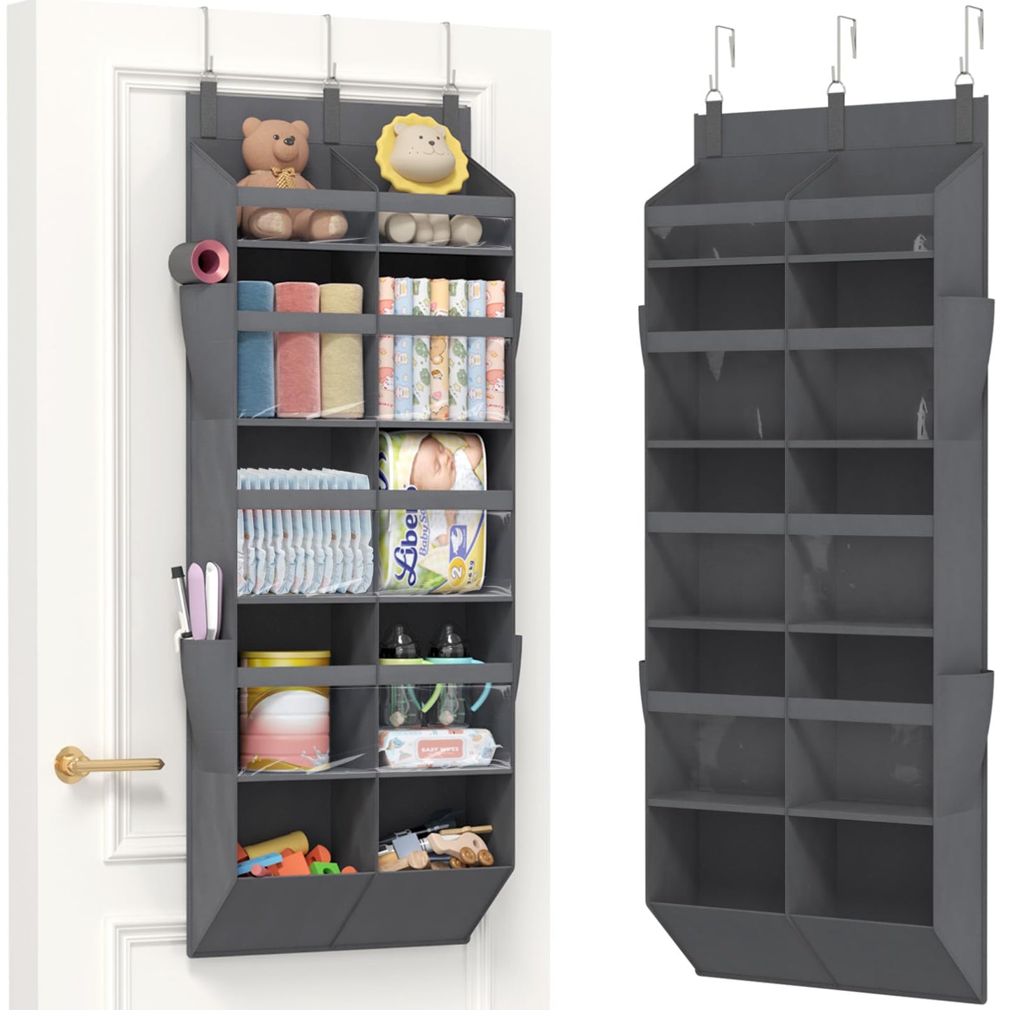 Lifewit 1 Pack Over the Door Organizer, 5 Section Clear Window Hanging Storage with 4 Side Pockets, Sturdy Anti Tilt 40 lbs Load Behind Door for Closet, Bedroom, Bathroom, Nursery, Dorm, Dark Gray