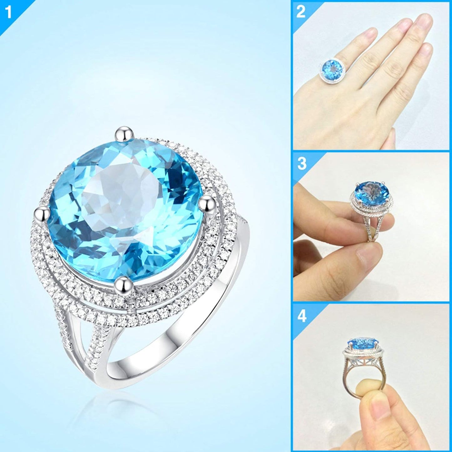 Aienid 18Ct White Gold Wedding Rings for Women Round Brilliant 12Ct Big Blue Topaz Wedding Rings for Women