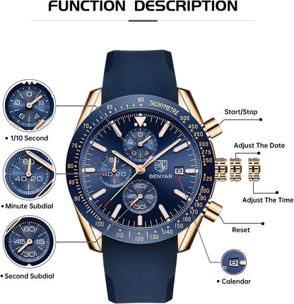 BY BENYAR Uhren für Herren Analog Quarz Chronograph 30M Wasserdicht Leuchtend Großes Zifferblatt Herren Armbanduhren Business Arbeit Sport Freizeit Mode Designer Uhr Elegantes Geschenk für Herren
