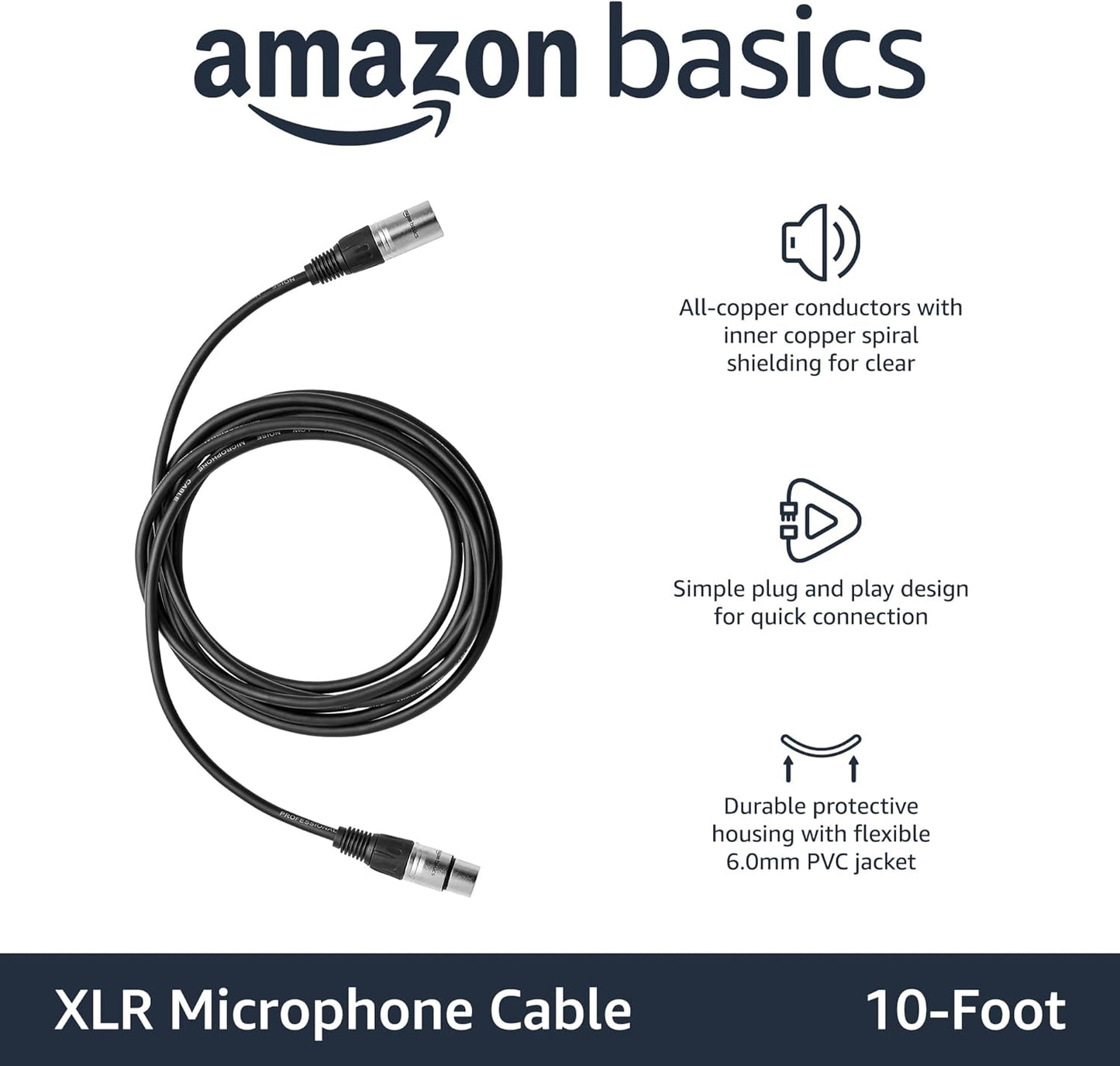 Amazon Basics XLR-Mikrofonkabel für Tonstudio-Lautsprecher, PA-System, Vollkupferleiter, 3 m, Schwarz
