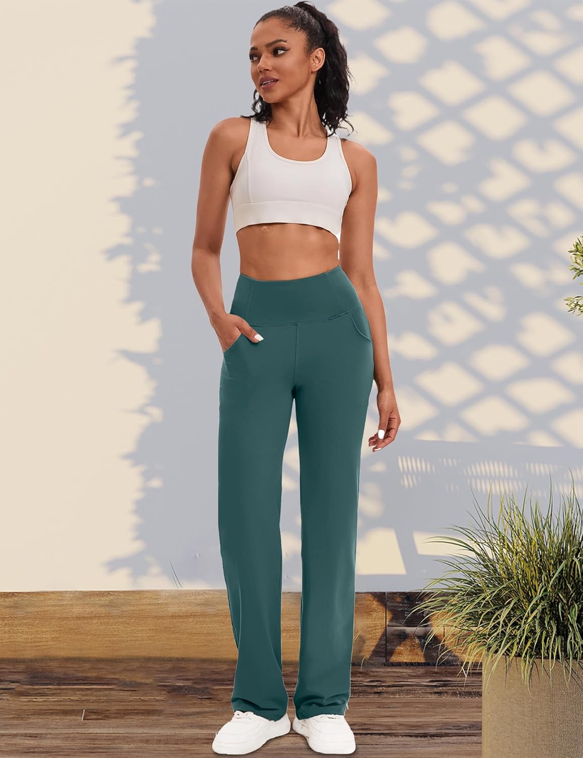 VOOVEEYA Yogahosen für Damen mit Taschen, gerade geschnittene Hose mit weitem Bein, hochtaillierte Business-Hose, petite/regulär//lang