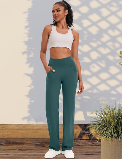 VOOVEEYA Yogahosen für Damen mit Taschen, gerade geschnittene Hose mit weitem Bein, hochtaillierte Business-Hose, petite/regulär//lang