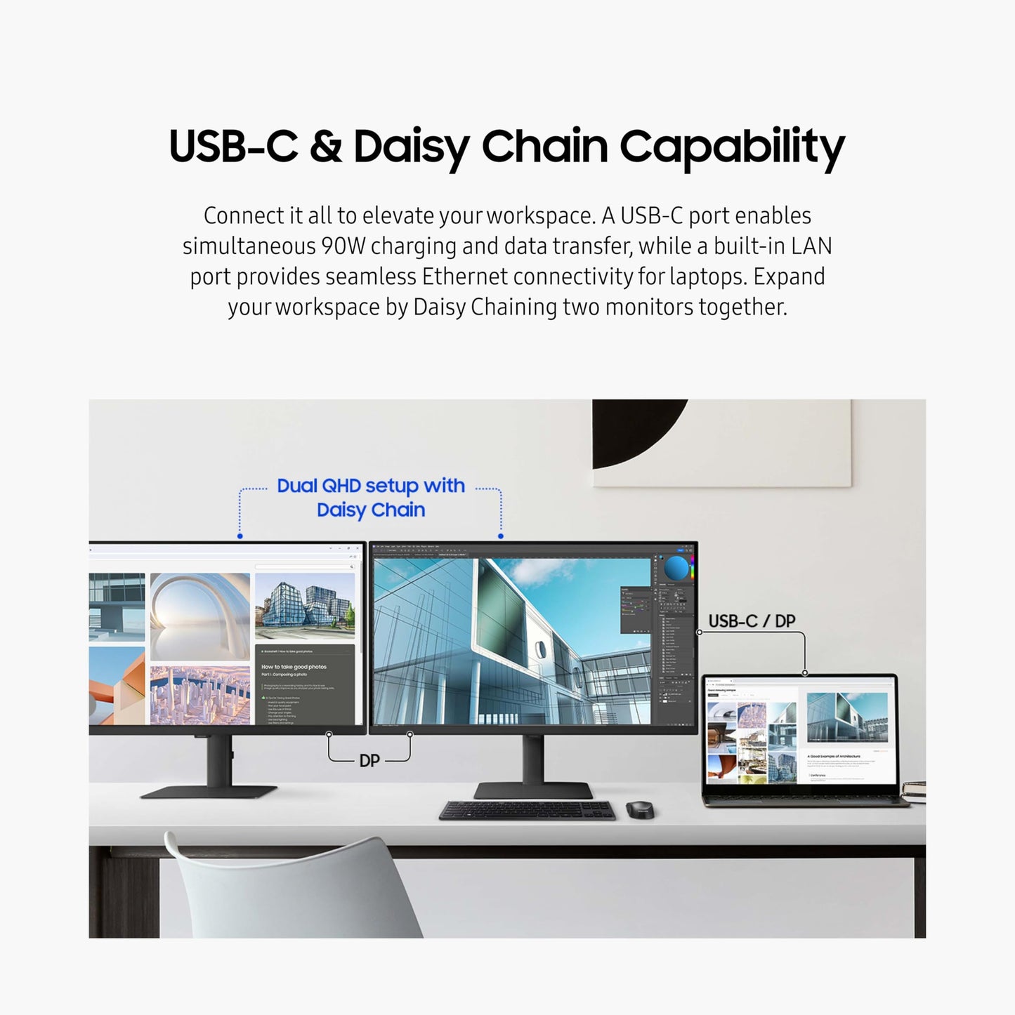 SAMSUNG 27" ViewFinity S6 (S60UD) Series QHD High Resolution Computer Monitor, 100Hz, HDR10, USB-C, Built-In LAN Port, Daisy Chain Support, Easy Setup, Height Adjustable Stand, LS27D606UANXGO, 2024