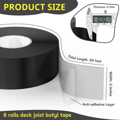 Joist Tape for Decking 2'' X 50', 6 Rolls Weather Resistance Butyl Tape, Waterproof and Anti-Corrosion, Self-Adhesive for Wood Joists Decks Beams Roof Extend Deck Life