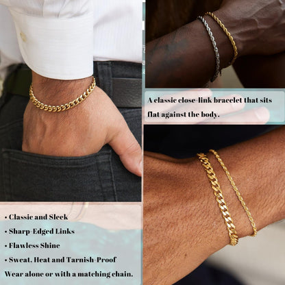 3 Stück Herren Silber Armbänder, robustes Curb Edelstahl Breite Schlangenkette Figaro Cuban Armband Set 7/7.8+1.2 Zoll verstellbares Stapel-Silberkettenarmband für Männer