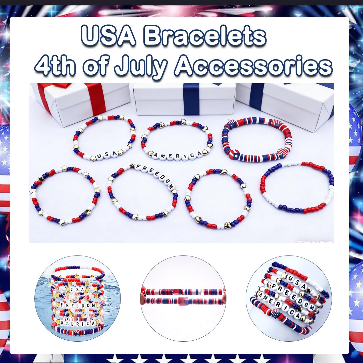 250 Anniversary USA Merchandise 4th of July Outfits for Women Men Teens Red White Blue Clay Beaded Stretch Bracelets USA Patriotic Jewelry 4th of July Accessories