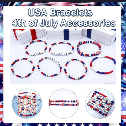 250 Anniversary USA Merchandise 4th of July Outfits for Women Men Teens Red White Blue Clay Beaded Stretch Bracelets USA Patriotic Jewelry 4th of July Accessories