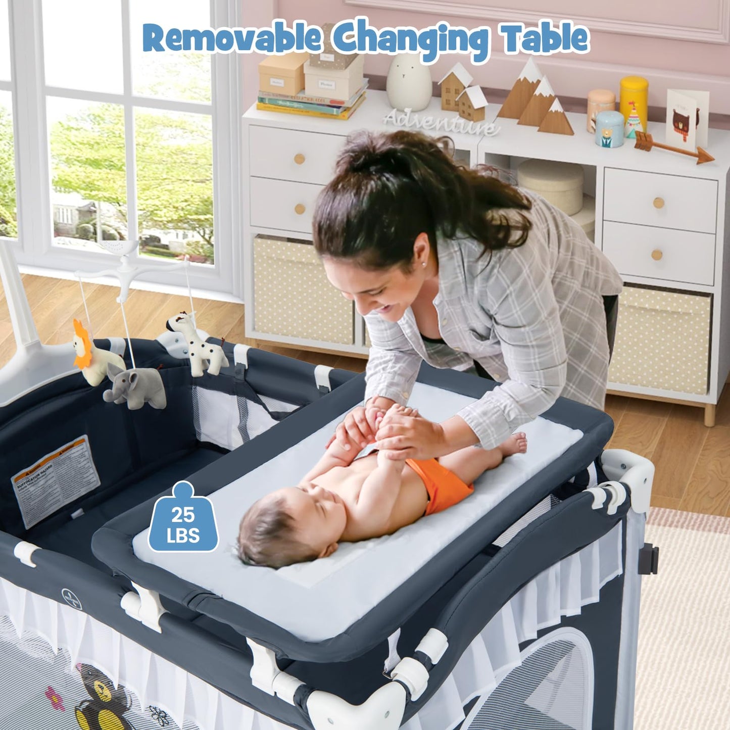 BABY JOY 4 in 1 Pack and Play with Canopy, Portable Baby Playard with Bassinet, Double-Layer Baby Crib, Wheels & Brake, Foldable Baby Girl Pink Bassinet from Newborn to Toddler