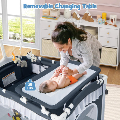 BABY JOY 4 in 1 Pack and Play with Canopy, Portable Baby Playard with Bassinet, Double-Layer Baby Crib, Wheels & Brake, Foldable Baby Girl Pink Bassinet from Newborn to Toddler
