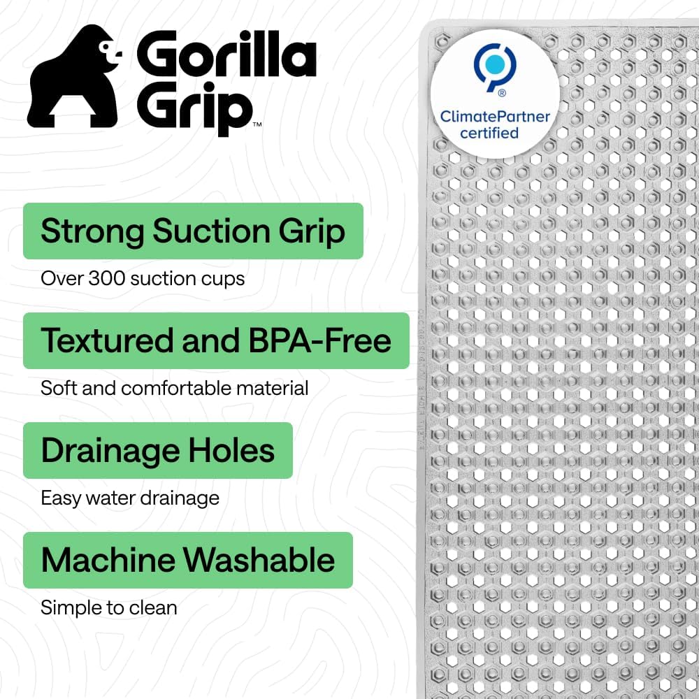 GORILLA GRIP Patentierte Badewannen-Duschmatte, Maschinenwaschbare Badewannenbodenmatte, Saugnäpfe und Abflusslöcher für saubere Wannen, Badezimmer-Essentials, 89x41 cm, Transparent