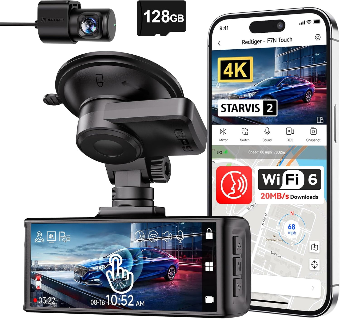 REDTIGER 4K Dash Cam Front and Rear, STARVIS 2 Sensor, Touch Screen 3.18", Voice Control, 20MB/s 5.8GHz WiFi 6 Car DashCam with 128GB Card, GPS, Night Vision, Emergency Lock, Parking Mode(F7N Touch)