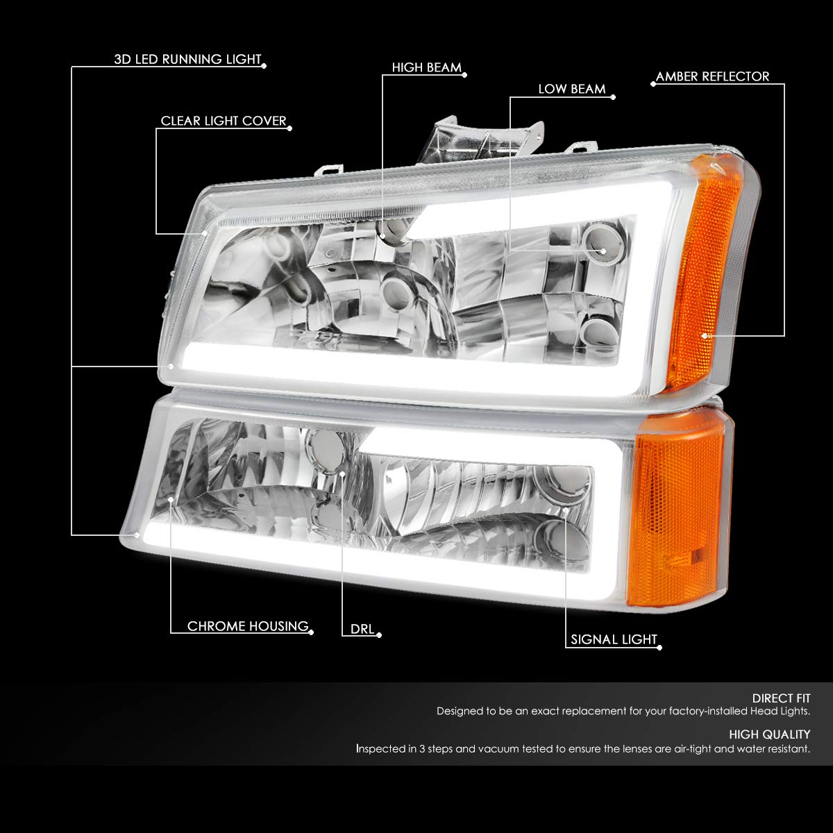 DNA MOTORING HL-LB-CSIL03-BK-CL1 Black Housing 3D LED DRL Headlight Bumper Lamp Set Compatible with 03-06 Silverado 1500-3500 / Avalanche 1500 2500