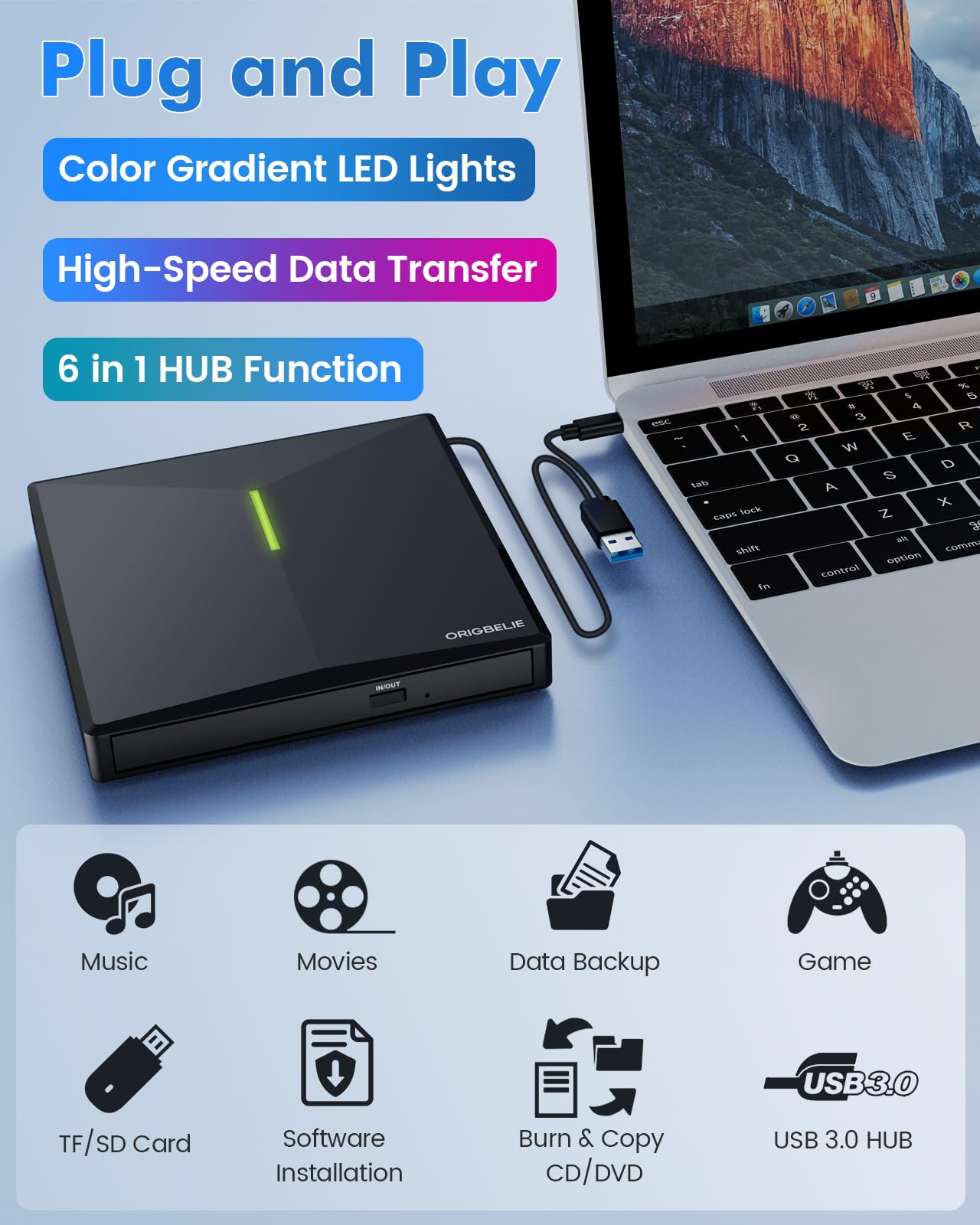 ORIGBELIE externes DVD-Laufwerk, CD-Laufwerk USB 3.0 Typ-C CD/DVD ROM +/-RW Adapter mit USB-Anschluss DVD-Brenner für Laptop, PC, Desktop-Computer, optisches Laufwerk CD-Player kompatibel mit Mac Windows Linux