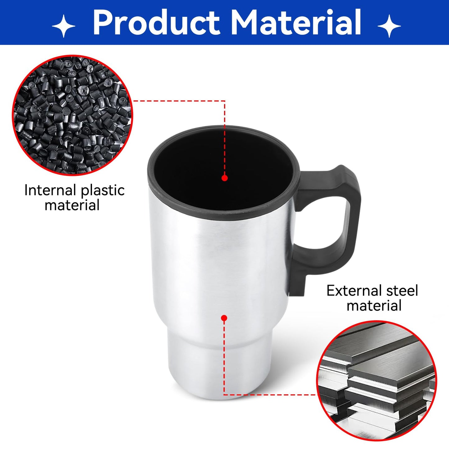 HERCHR 12V 450ml Auto-Heizbecher, Heißwasserkessel Elektrische Tragbare Auto-Elektrotasse Edelstahl Beheizter Reisebecher für Wasser Kaffee Milch Tee