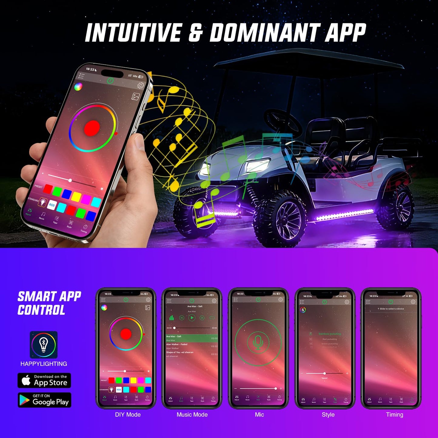 Nilight 6PCS Golf Cart Underbody Light Kit with Canopy Lights Dream Color Multi-Mode Neon Accent Lighting APP Remote Control Sound Active Music Sync IP67 Waterproof 12V-66V for EZGO Yamaha Club Car