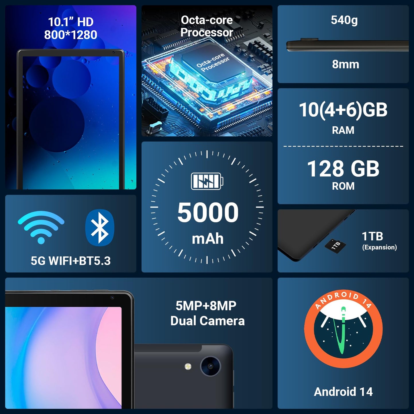 Tablet 10.1" Android Tablet, Octa-Core Processor, 10GB RAM+128GB ROM 1TB Expandable, Widevine L1 1280x800 IPS HD Touchscreen, 5MP+8MP Dual Camera Face Unlock, 5000mAh Battery WiFi 6 BT5.3,Gray