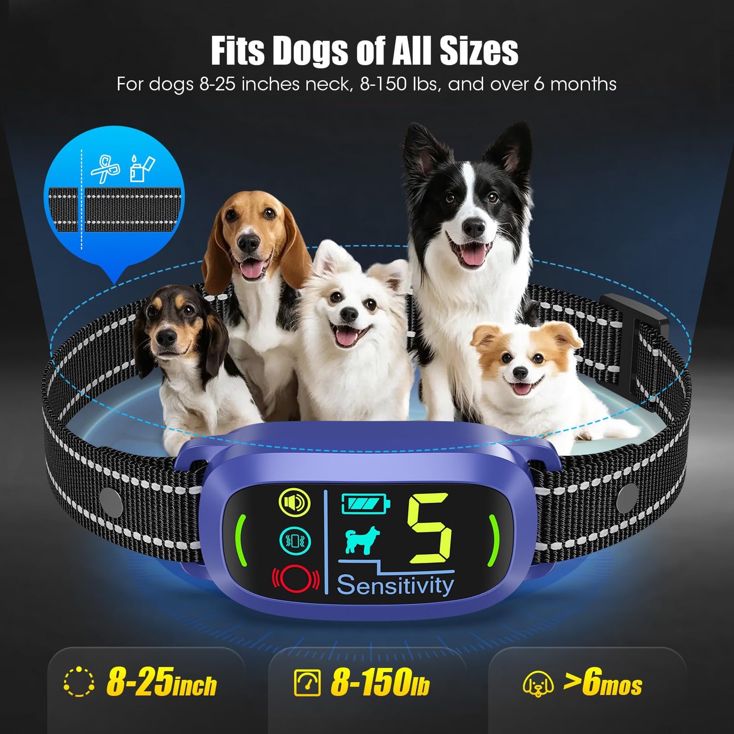 Smart AI Bark Collar for Large Medium Small Dogs, Anti Barking Device with 5 Training Modes, Exclusive Forced Bark-Stopping, Rechargeable IP67 Waterproof Bark Collar with 5 Sensitivity (Black)