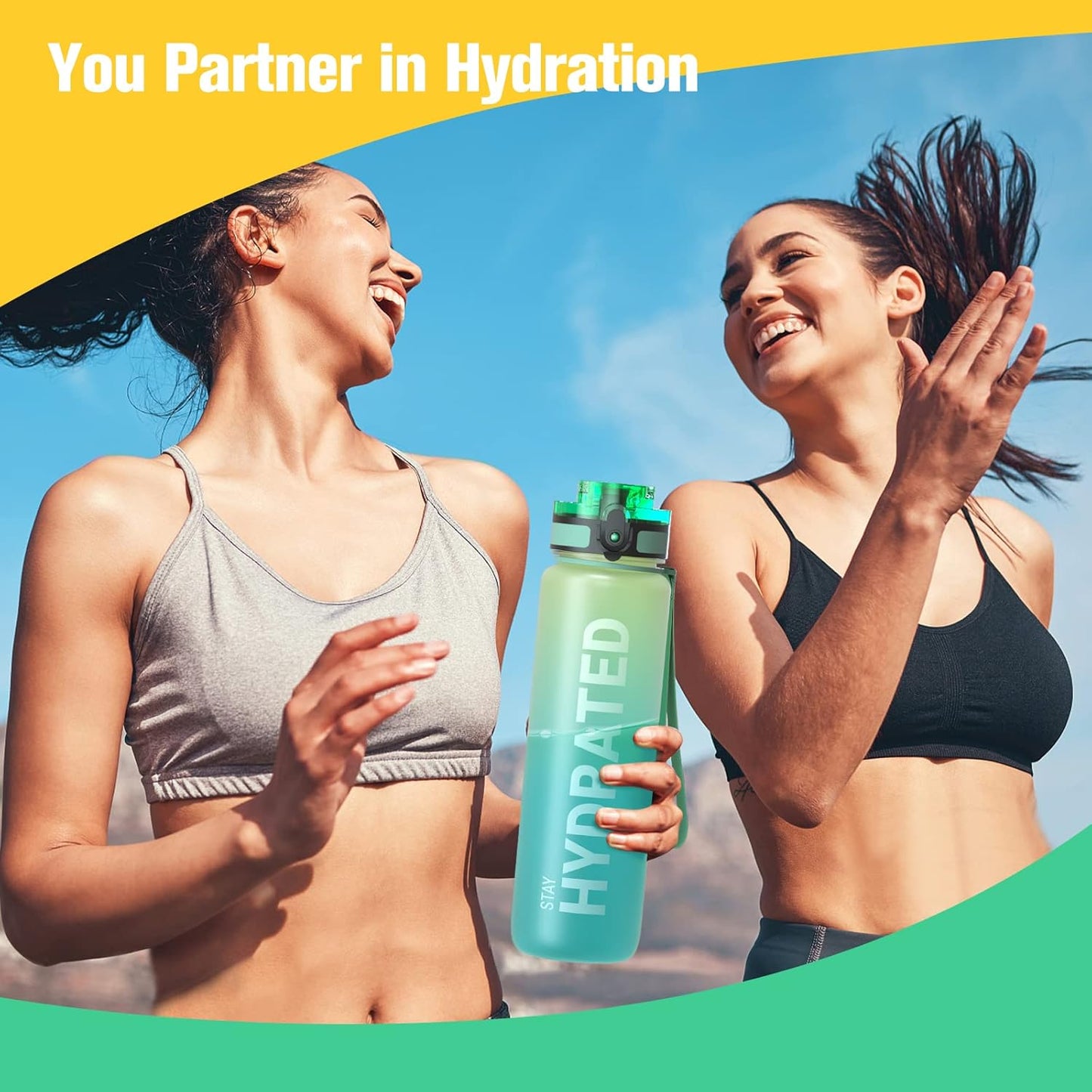 Sahara Sailor Trinkflasche, 950ml Motivations-Sportflasche mit Zeitmarkierung – Trinkzeiten – Tritan, BPA-frei, weite Öffnung auslaufsicher, Fast-Flow-Technologie mit Reinigungsbürste (1 Flasche)