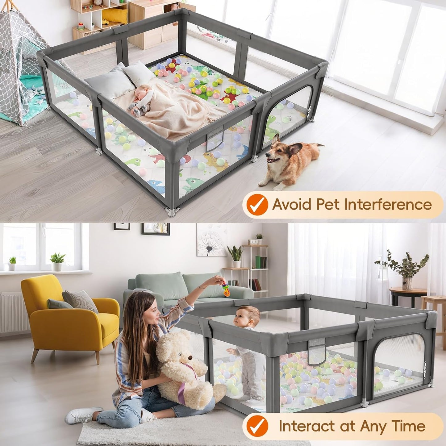 Palopalo Baby Laufgitter, 180x150cm Extra Großer Laufstall für Babys und Kleinkinder, Baby-Aktivitätszentrum mit 8 Saugnapfbasen, Baby-Laufstall mit Tür und weichem, atmungsaktivem Netz, Ohne Matte