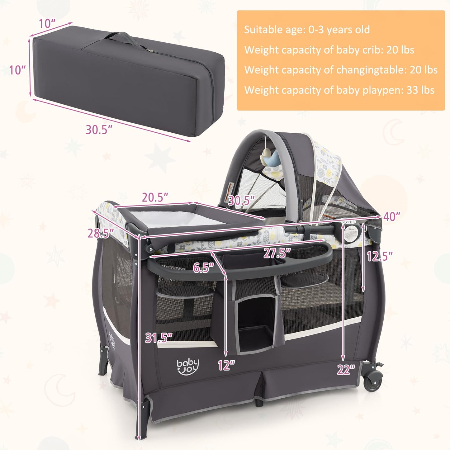 BABY JOY 4 in 1 Pack and Play, Portable Baby Playard with Bassinet & Flip-Away Changing Table, Canopy, Portable Bedside Crib with Storage Basket, Oxford Bag, Infant Bassinet from Newborn to Toddlers