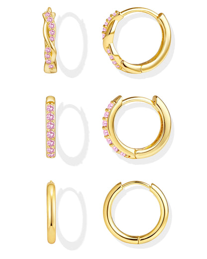 Inerney 14K Gold Plated Huggie Hoop Earrings for Women, Small Sterling Silver Earring Set Hypoallergenic Cartilage Helix Stacks, Mini Dainty Cute Trendy Birthstone Jewelry Gift for Multiple Piercings