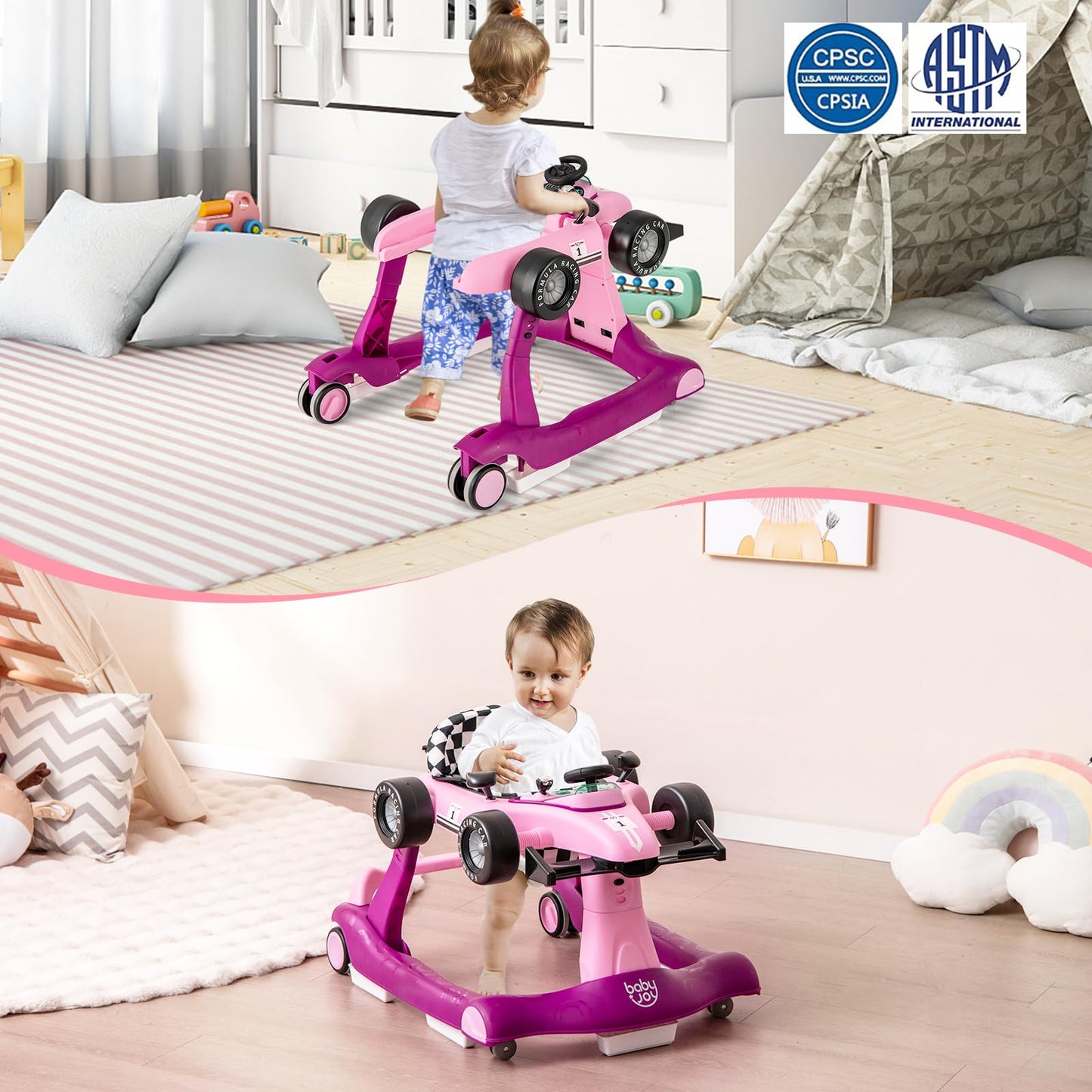 BABY JOY 4-in-1 Baby Walker, Foldable Activity Walker with Adjustable Height & Speed, Music, Lights, Anti-Rollover, Toddler Push Walker, Baby Walker with Wheels for Boys Girls 6-18 Months (Pink)
