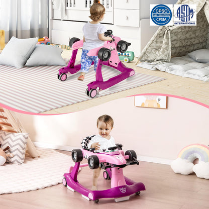 BABY JOY 4-in-1 Baby Walker, Foldable Activity Walker with Adjustable Height & Speed, Music, Lights, Anti-Rollover, Toddler Push Walker, Baby Walker with Wheels for Boys Girls 6-18 Months (Pink)