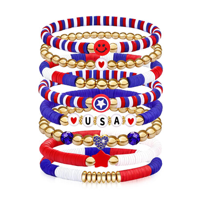 250 Anniversary USA Merchandise 4th of July Outfits for Women Men Teens Red White Blue Clay Beaded Stretch Bracelets USA Patriotic Jewelry 4th of July Accessories