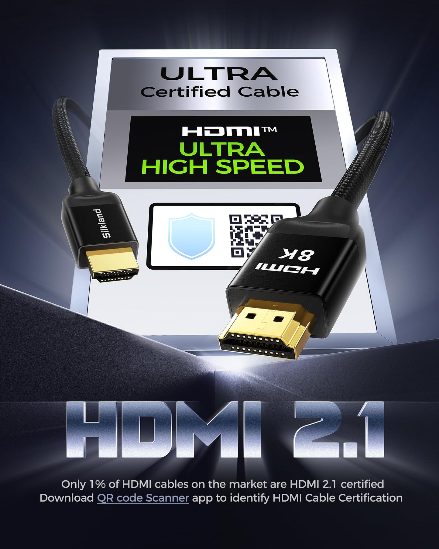 Silkland Zertifiziertes HDMI 2.1 Kabel, [4K@240Hz 144Hz 120Hz, 8K@60Hz] 1440P Ultra High Speed HDMI Kabel 48Gbps (Verbessertes geflochtenes Design), HDR10+, eARC, HDCP 2.3, Kompatibel mit Xbox/PS5/PS4/Roku TV-2m