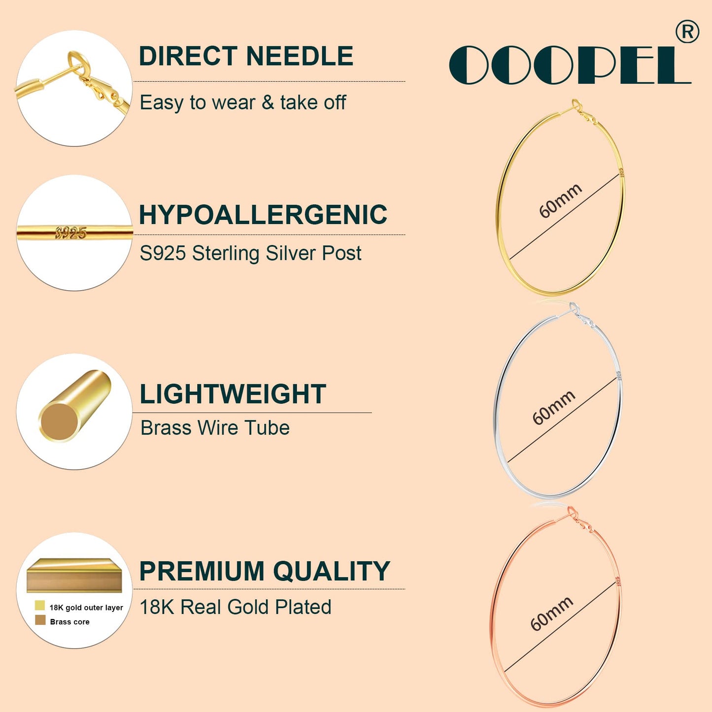 Große Gold Creolen für Frauen, Hypoallergene Dünne Gold Creolen, Sterling Silber Creolen für Damen, Extra Große, Mittelgroße, Große Creolen