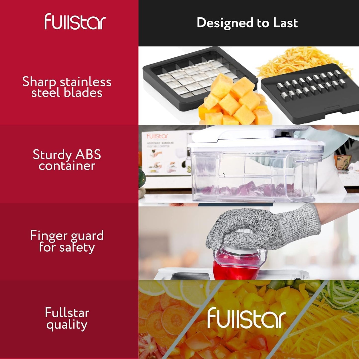 Fullstar Gemüsehacker und Mandolinenschneider - Julienne-Schneider, Würfelschneider, Reibe für Lebensmittel, Gemüse, Zwiebeln, Gurken, Tomaten, Salat, Kartoffeln, Käse - Küchenutensilien & Gadgets (Kompakt 6-in-1, Weiß)
