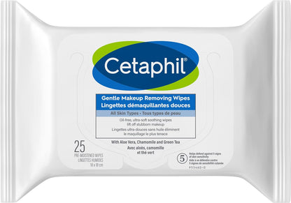 Cetaphil Sanfte Make-up Entferner-Tücher mit Aloe Vera, Kamille und Grünem Tee – Parfümfrei, Reizlindernd, Parabenfrei – Für alle Hauttypen, 25 Stück