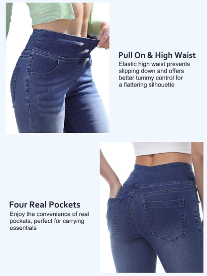 Chasehot Pull-On Skinny Jeans für Damen, dehnbare High-Waist Leggings, trendige Bauchkontrolle, Denim-Jeggings mit Taschen, Dark Wash-L