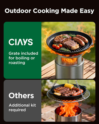 CIAYS Smokeless Firepit, 19 Inch Fire Pit for Camping with Patented Technology, Portable Fire Pit for Outside with Steel Grill Rack, Fire Poker, and Bag, Easy Setup and Storage, Wood Burning