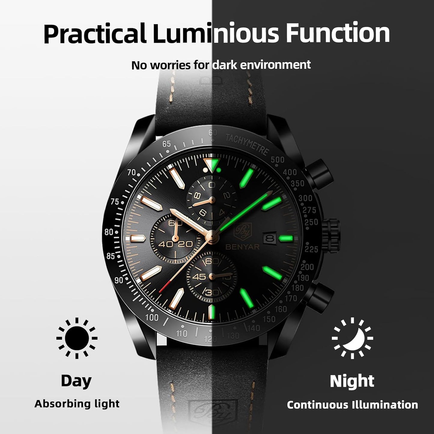 BY BENYAR Uhren für Herren Analog Quarz Chronograph 30M Wasserdicht Leuchtend Großes Zifferblatt Herren Armbanduhren Business Arbeit Sport Freizeit Mode Designer Uhr Elegantes Geschenk für Herren