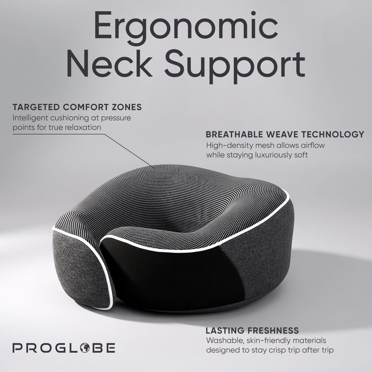 Proglobe Orthopädisches Nackenkissen Reise-Nackenkissen für Flugzeuge, Memory Foam Kit, aktualisiertes Ruhematerial, Flugreise-Set mit 3D-konturierter Augenmaske, Ohrstöpseln und luxuriösem Netzbeutel (Grau)