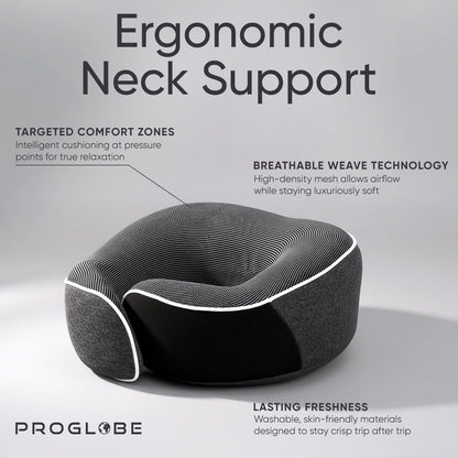 Proglobe Orthopädisches Nackenkissen Reise-Nackenkissen für Flugzeuge, Memory Foam Kit, aktualisiertes Ruhematerial, Flugreise-Set mit 3D-konturierter Augenmaske, Ohrstöpseln und luxuriösem Netzbeutel (Grau)