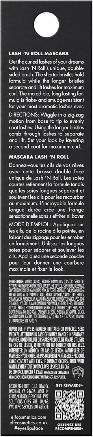 e.l.f. Lash 'N Roll Mascara, Tusche für sichtbar angehobene Wimpern, hebt und trennt Wimpern. Langanhaltende Formel, vegan und tierversuchsfrei, Pitch Black