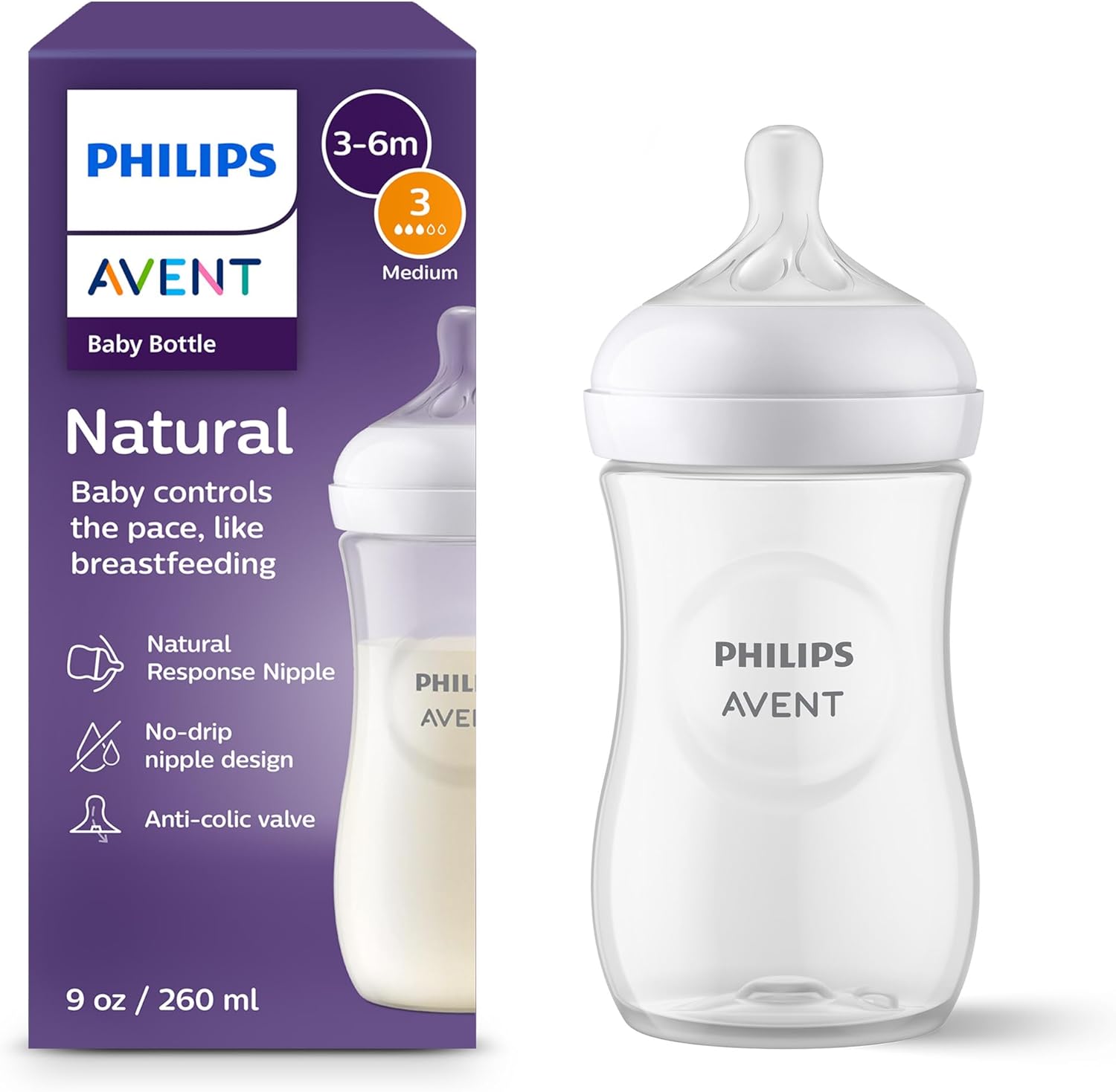 Philips Avent Natural Baby Bottle with Natural Response Nipple (Medium Flow,Flow 3), 9oz, SCY903/01